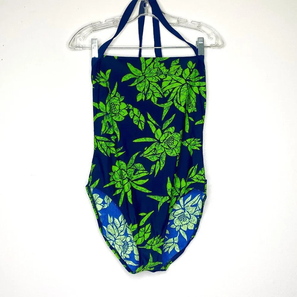 New Nautica Tropical Leaf Print Halter One-Piece Swimsuit Navy Lime Y2K Size 16